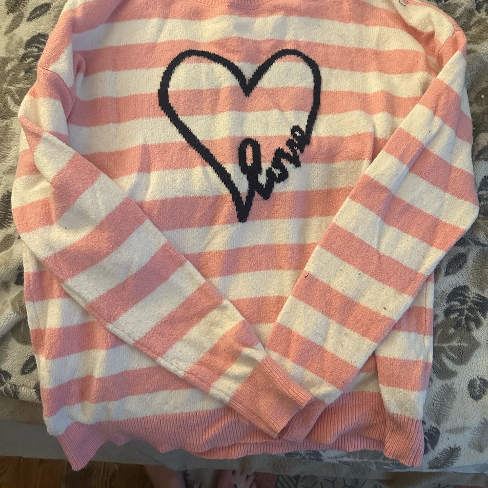 LOFT Pink and White Crew Neck Sweater with Heart Design